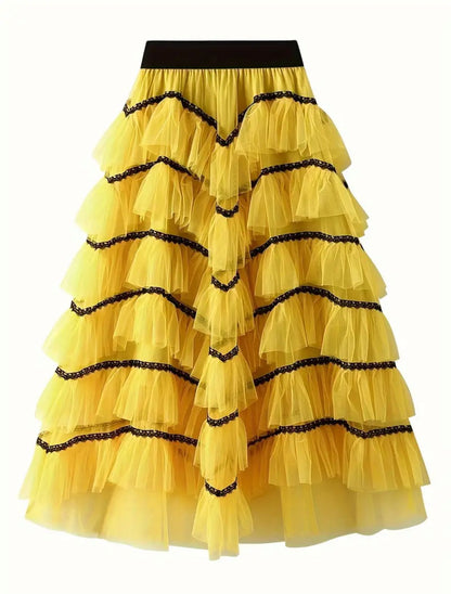 Solid Color Layered Ruffle Midi Skirt In Yellow