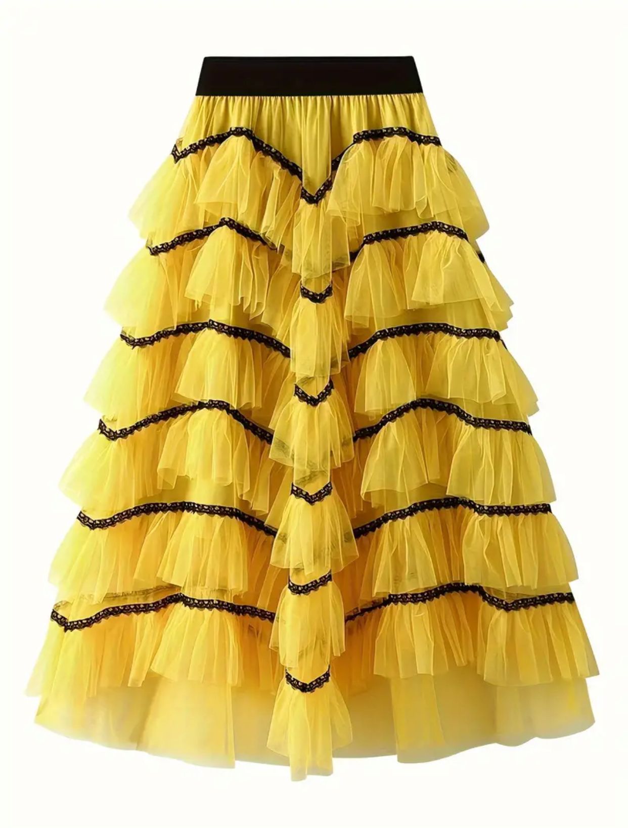 Solid Color Layered Ruffle Midi Skirt In Yellow