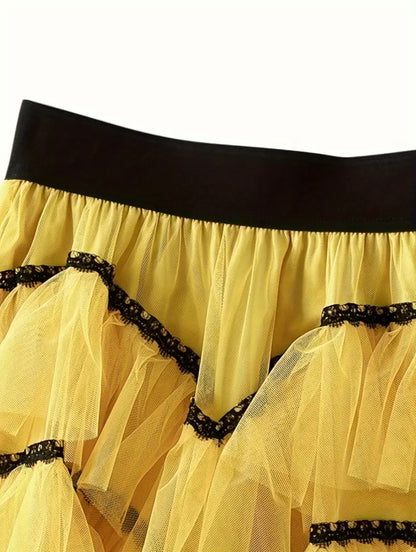 Solid Color Layered Ruffle Midi Skirt In Yellow