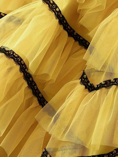 Solid Color Layered Ruffle Midi Skirt In Yellow