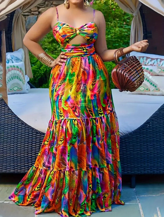 Random Print Plus Size Spaghetti Strap Dress