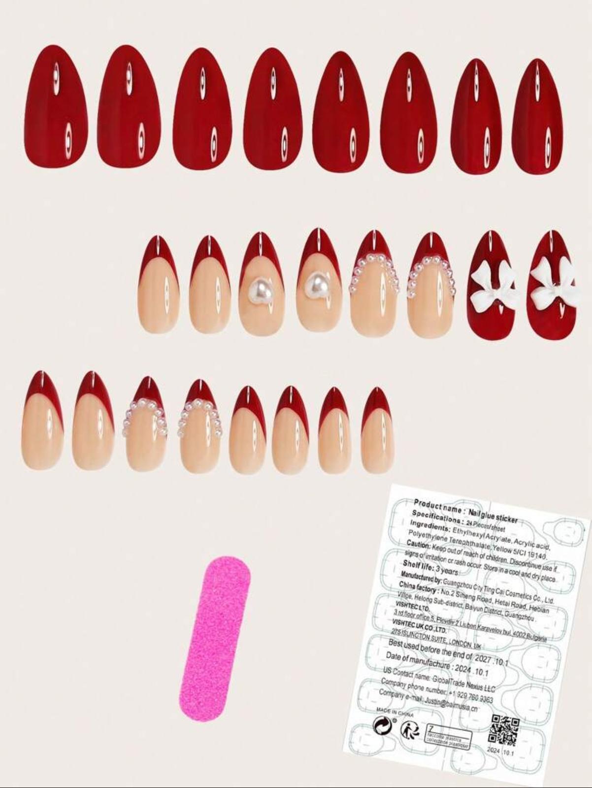 24 PCs Almond Faux Pearl Love Bow French Burgundy Red 3D Press-On Nails