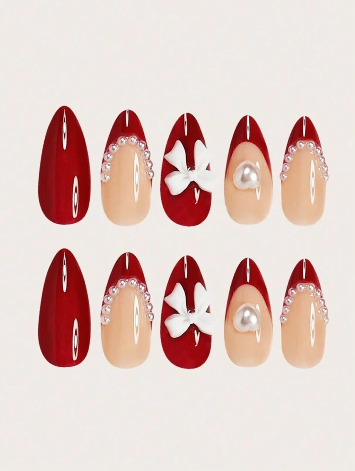 24 PCs Almond Faux Pearl Love Bow French Burgundy Red 3D Press-On Nails