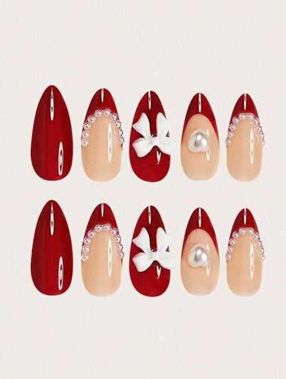 24 PCs Almond Faux Pearl Love Bow French Burgundy Red 3D Press-On Nails