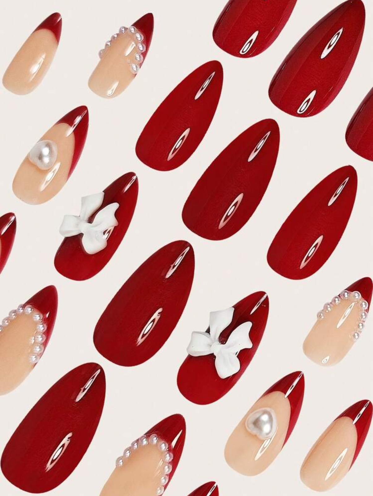24 PCs Almond Faux Pearl Love Bow French Burgundy Red 3D Press-On Nails