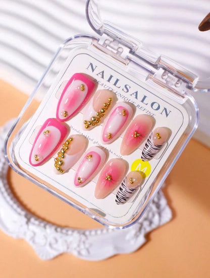 10 PCs Almond-Shaped French Gradient 3D Orchid Gold Pearl Rhinestone Full Cover Handmade 3D Press-On Nail Kit