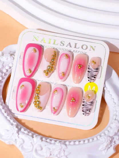 10 PCs Almond-Shaped French Gradient 3D Orchid Gold Pearl Rhinestone Full Cover Handmade 3D Press-On Nail Kit