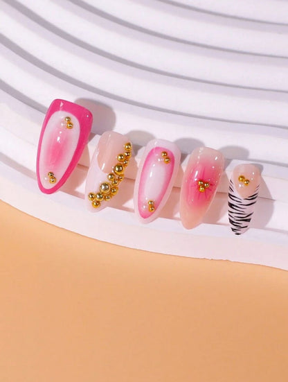 10 PCs Almond-Shaped French Gradient 3D Orchid Gold Pearl Rhinestone Full Cover Handmade 3D Press-On Nail Kit