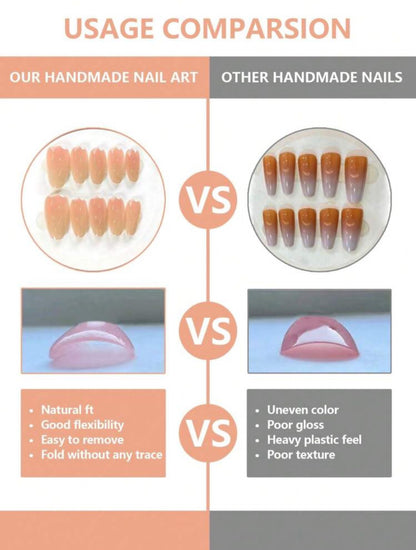 10 PCs Almond-Shaped French Gradient 3D Orchid Gold Pearl Rhinestone Full Cover Handmade 3D Press-On Nail Kit
