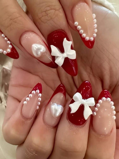 24 PCs Almond Faux Pearl Love Bow French Burgundy Red 3D Press-On Nails