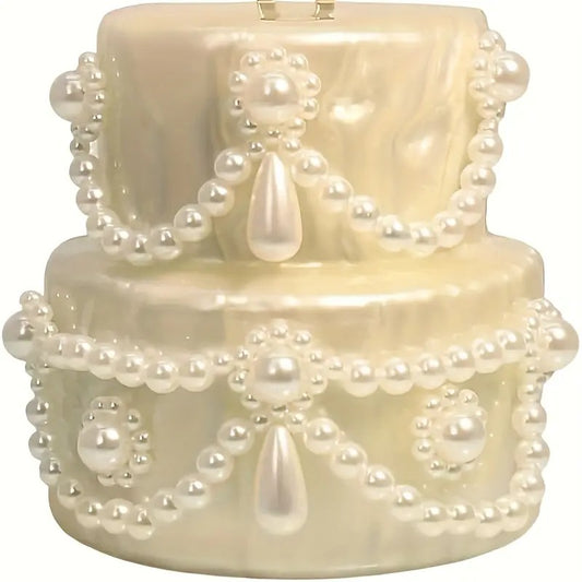 Off-White Cake Shaped Clutch Handbag – Pearl Handle Acrylic Evening Purse, Unique Design, Formal Mini Bag