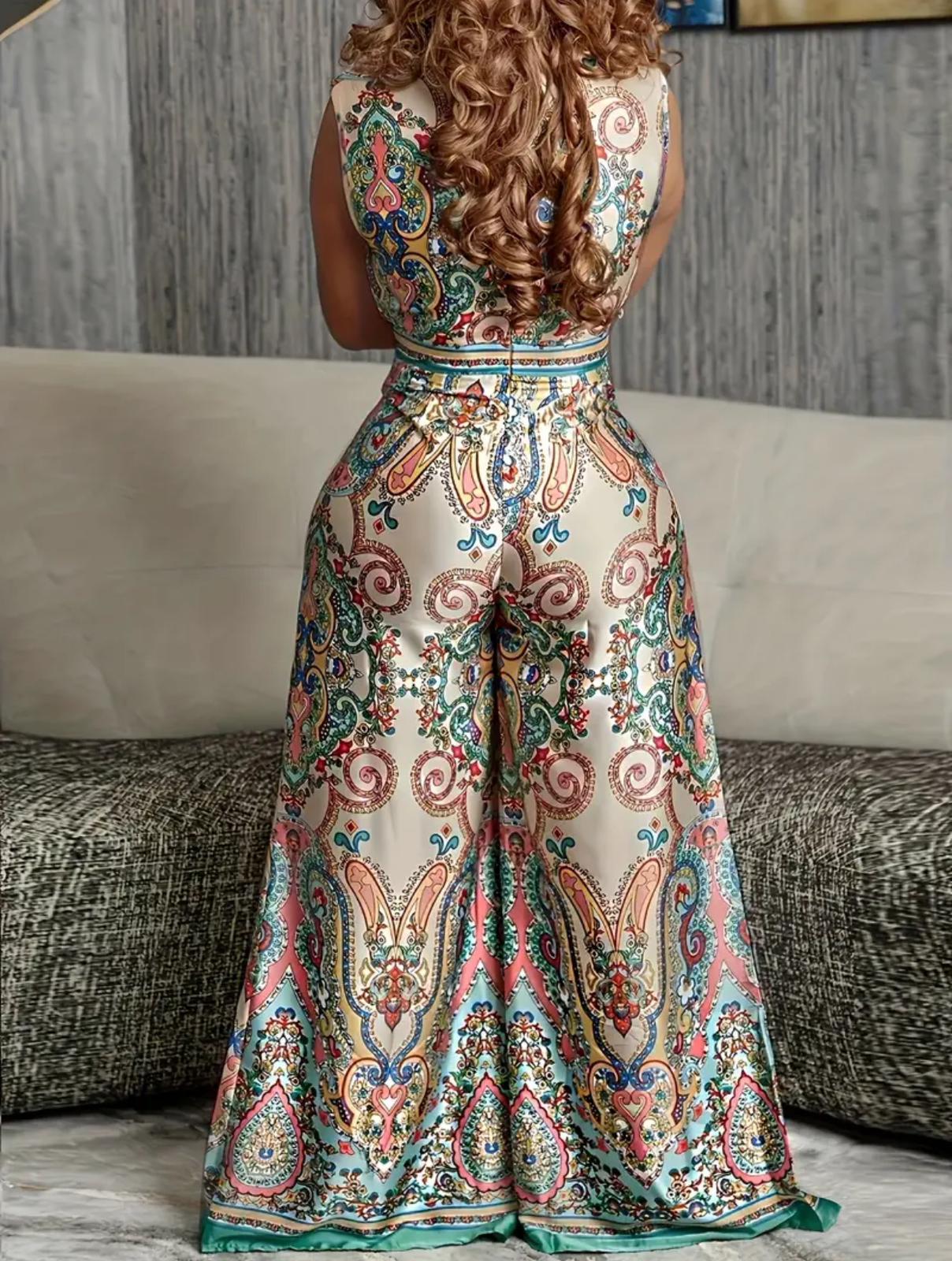 Plus Size Boho Print Pleated Jumpsuit