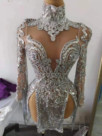 Sparkling Silver Sequins Fringes High Collar Short Dress