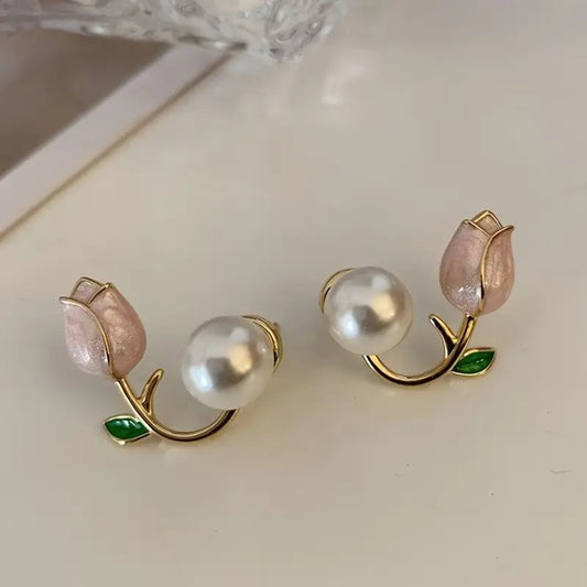 Dainty Tulip Pearl Stud Earrings, Pink and Gold, 0.63 inch, Floral Design with Green Leaf