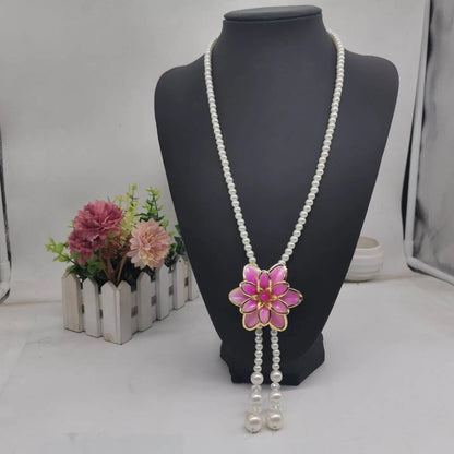 Floral Pink and Pearl Long Pendant Necklace