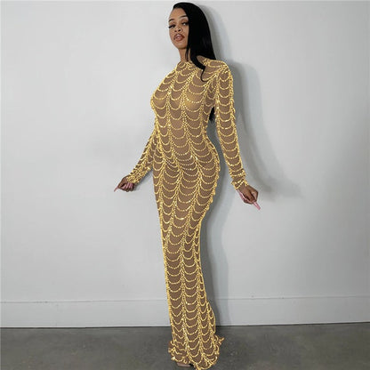 Sparkly Metallic Rhinestone Studded See-through Bodycon Mesh Maxi Party Dress