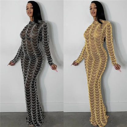 Sparkly Metallic Rhinestone Studded See-through Bodycon Mesh Maxi Party Dress