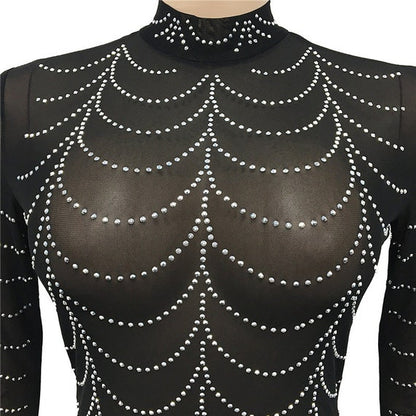 Sparkly Metallic Rhinestone Studded See-through Bodycon Mesh Maxi Party Dress