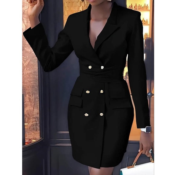 The Solid  Fitted Blazer Wrap Dress With Gold Buttons