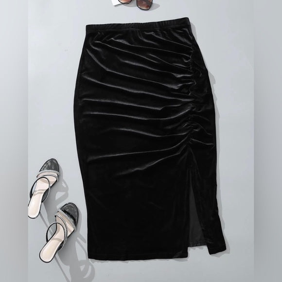 Long Black Velvet Midi Skirt