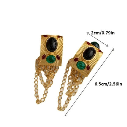 Golden Oval Synthetic Gemstone Decor Chain Dangle Earrings