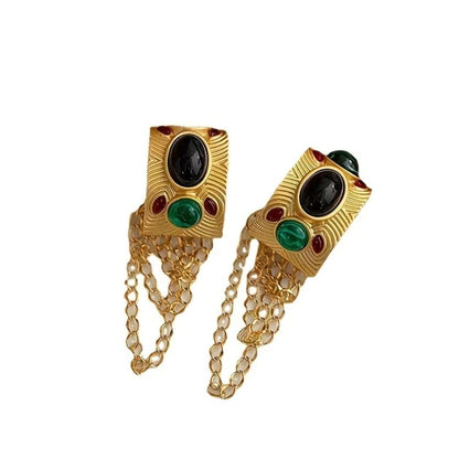 Golden Oval Synthetic Gemstone Decor Chain Dangle Earrings