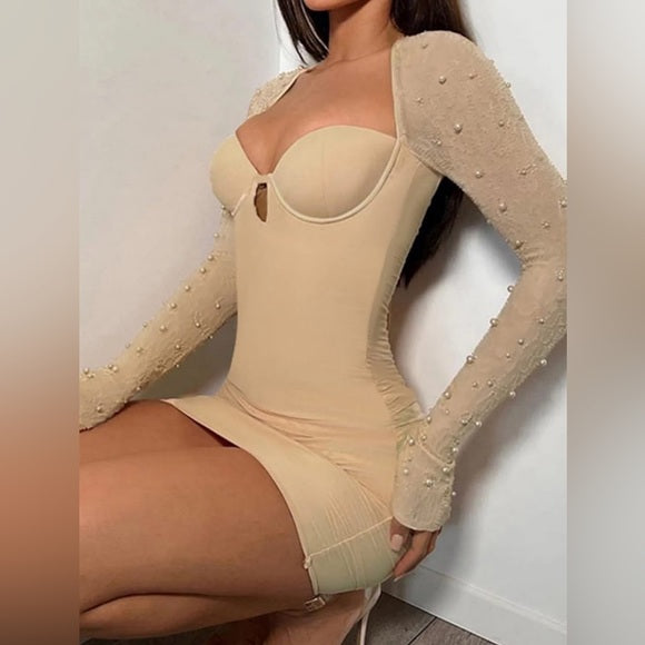 The Semi-Detached Beaded Long Sleeve Bodycon Nude Dress