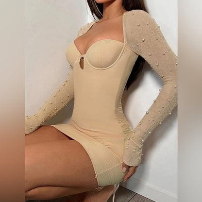 The Semi-Detached Beaded Long Sleeve Bodycon Nude Dress