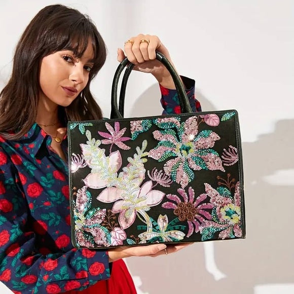 Retro Sequins Floral Pattern Tote Bag