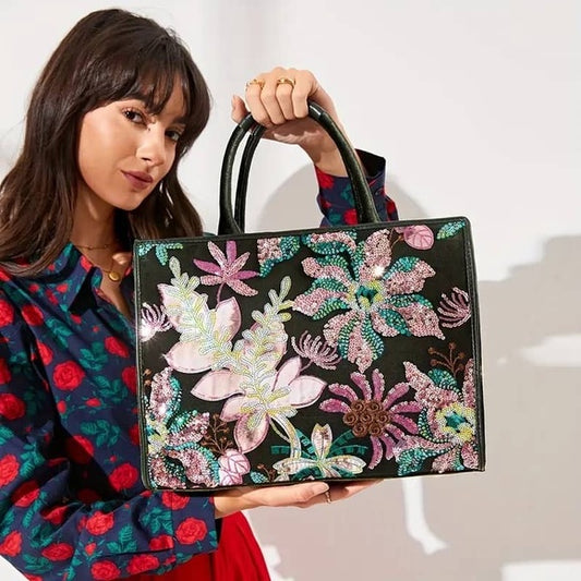 Retro Sequins Floral Pattern Tote Bag