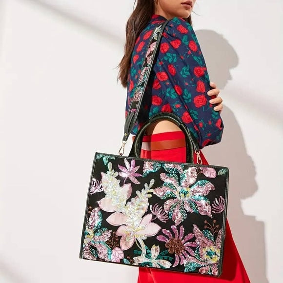 Retro Sequins Floral Pattern Tote Bag