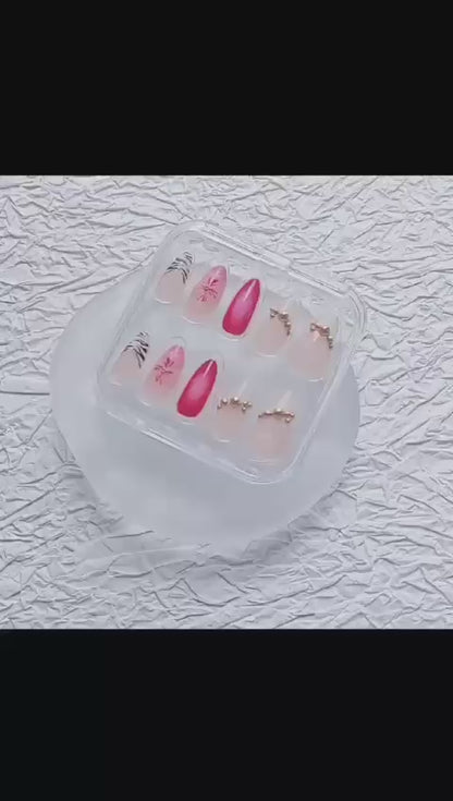 10 PCs Almond-Shaped French Gradient 3D Orchid Gold Pearl Rhinestone Full Cover Handmade 3D Press-On Nail Kit