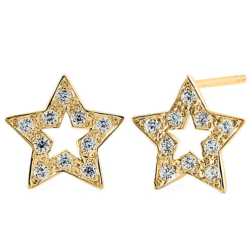 KGG Solid 14K Yellow Gold Star Clear CZ Earrings